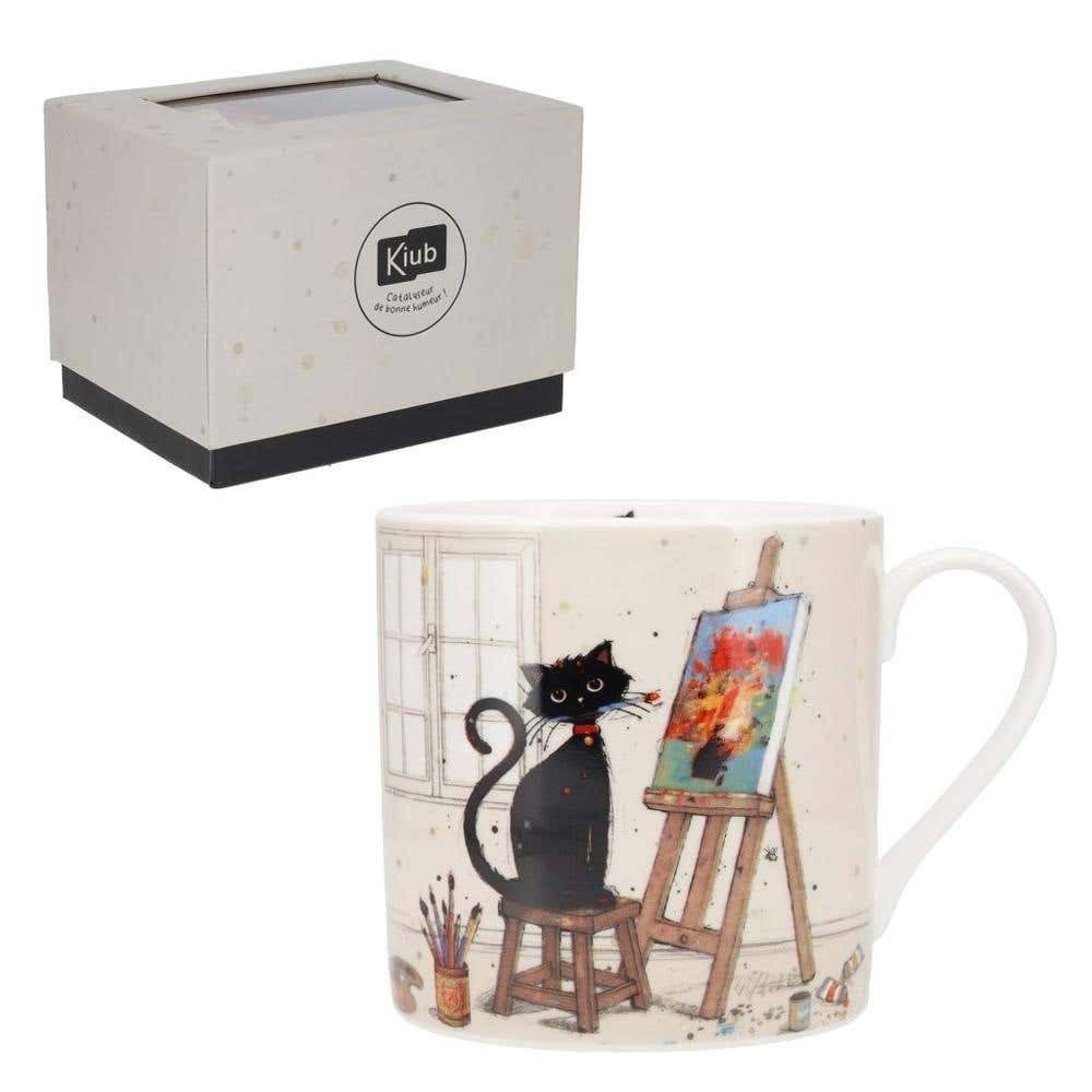 Mug Xl Droit 425 Ml Porcelaine + Boite Cadeau Bug Art Chat Peintre