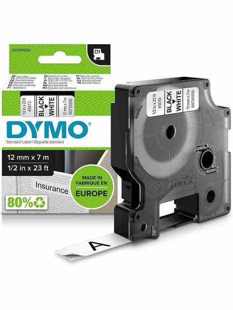Dymo Label Manager D1 12mmx7m Black Ink On White Tape