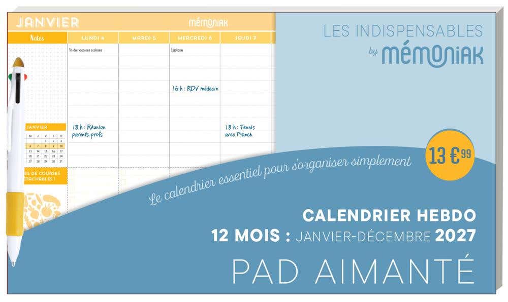 Calendrier Hebdomadaire Janvier-décembre 2027 - Pad Aimanté Avec Stylo 4 Couleurs