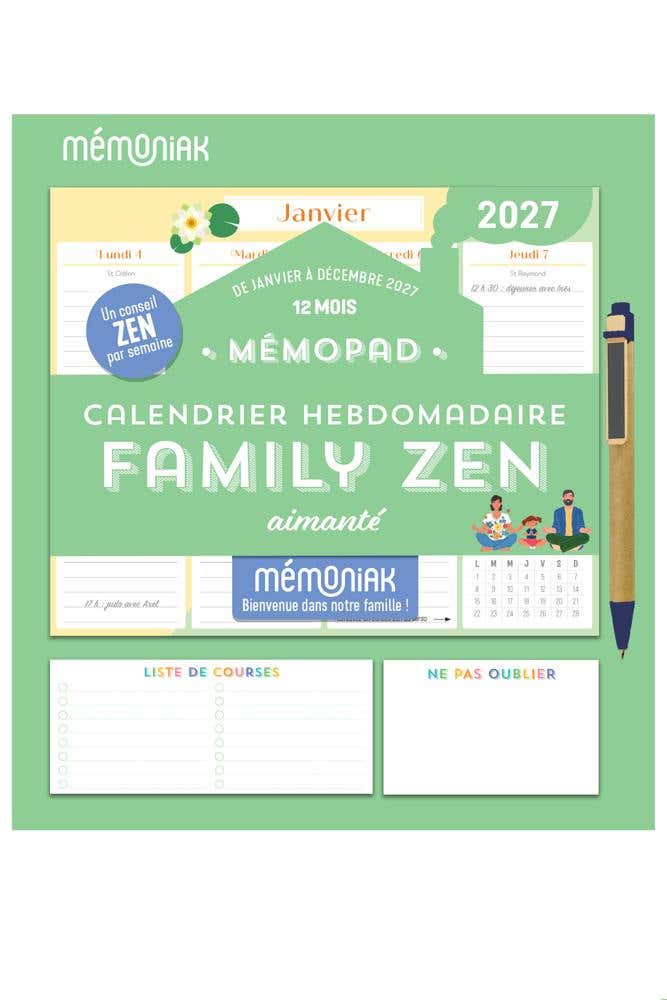 Mémopad Calendrier Hebdomadaire Aimanté 2027 Family Zen 12 Mois